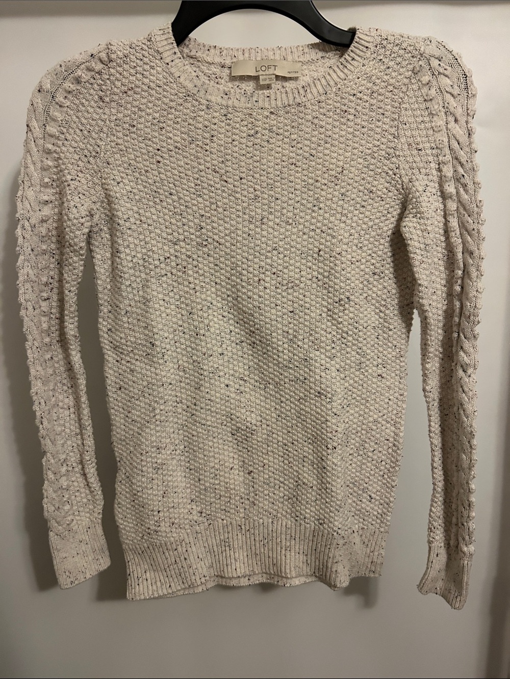 LOFT Speckled Cream Cable-Detail Crewneck Sweater